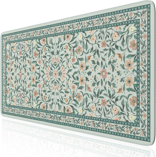 iLeadon Large Green Floral Desk Mat 35.4x15.7 - Non-Slip & Smooth