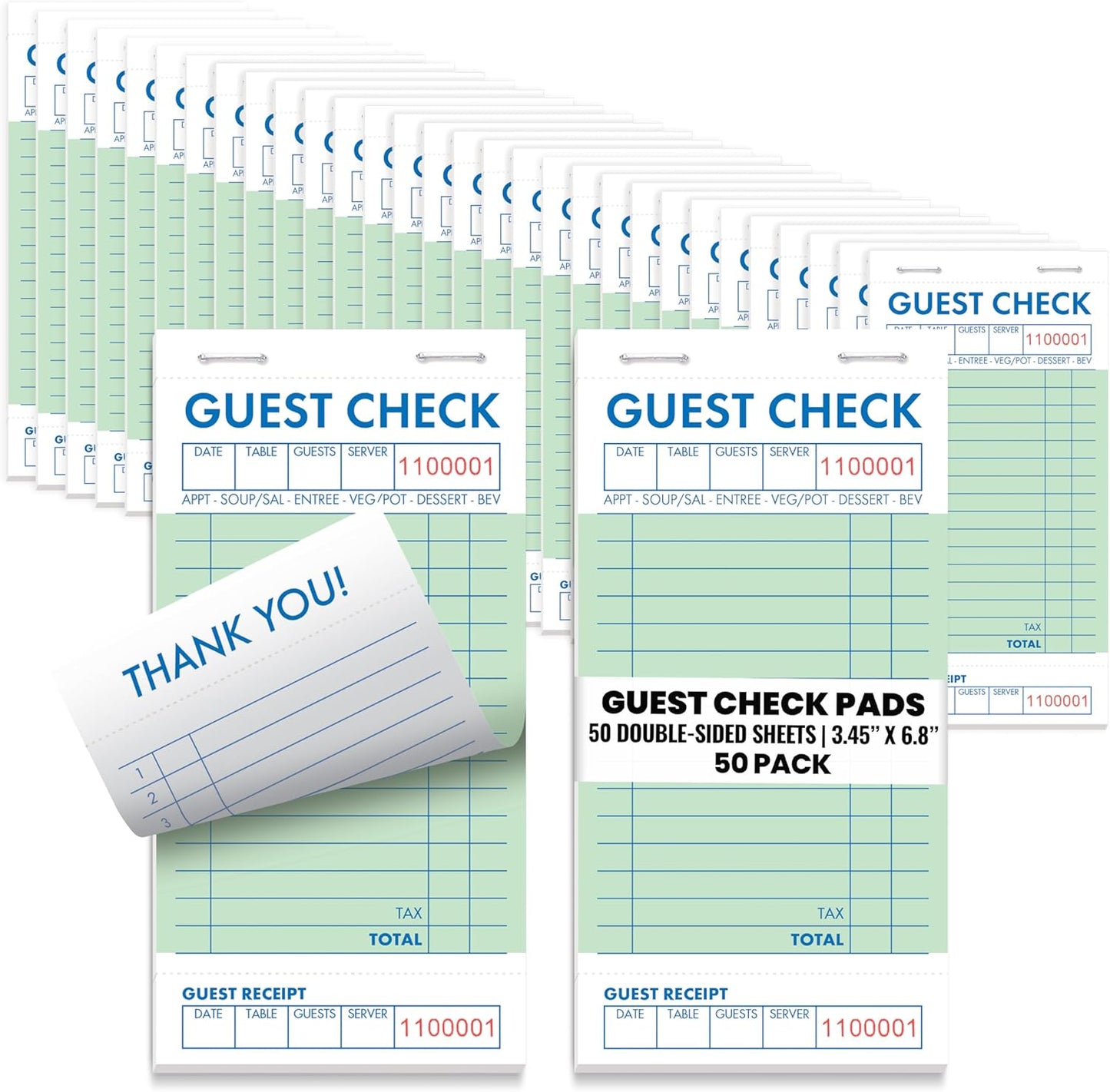 Guest Check Pads for Restaurants - 50 Double-Sided Sheets