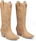Zzheels Women Mid-calf Cowboy Boots Pointy Toe - Embroidered Chunky go