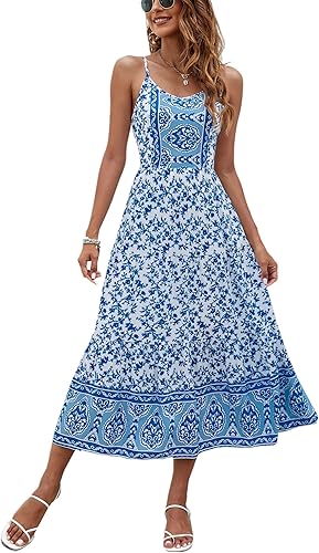 Angashion Women's Floral Adjustable Spaghetti Strap Maxi Dress