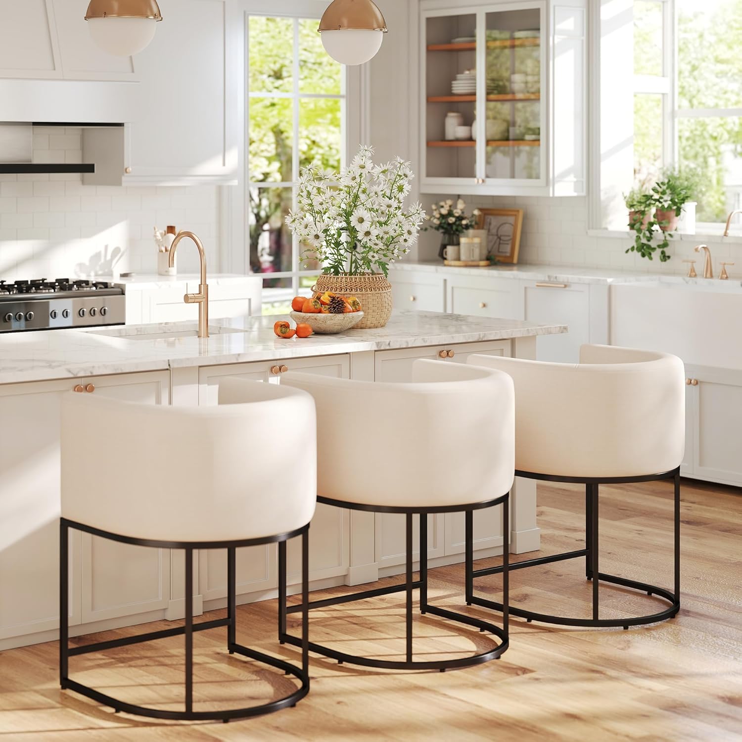 Modern Counter Height Linen Fabric Upholstered Stools Set of 3