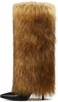 Women Fur Knee High Boots Fold Over Tall Heels - Cozy Furry Style