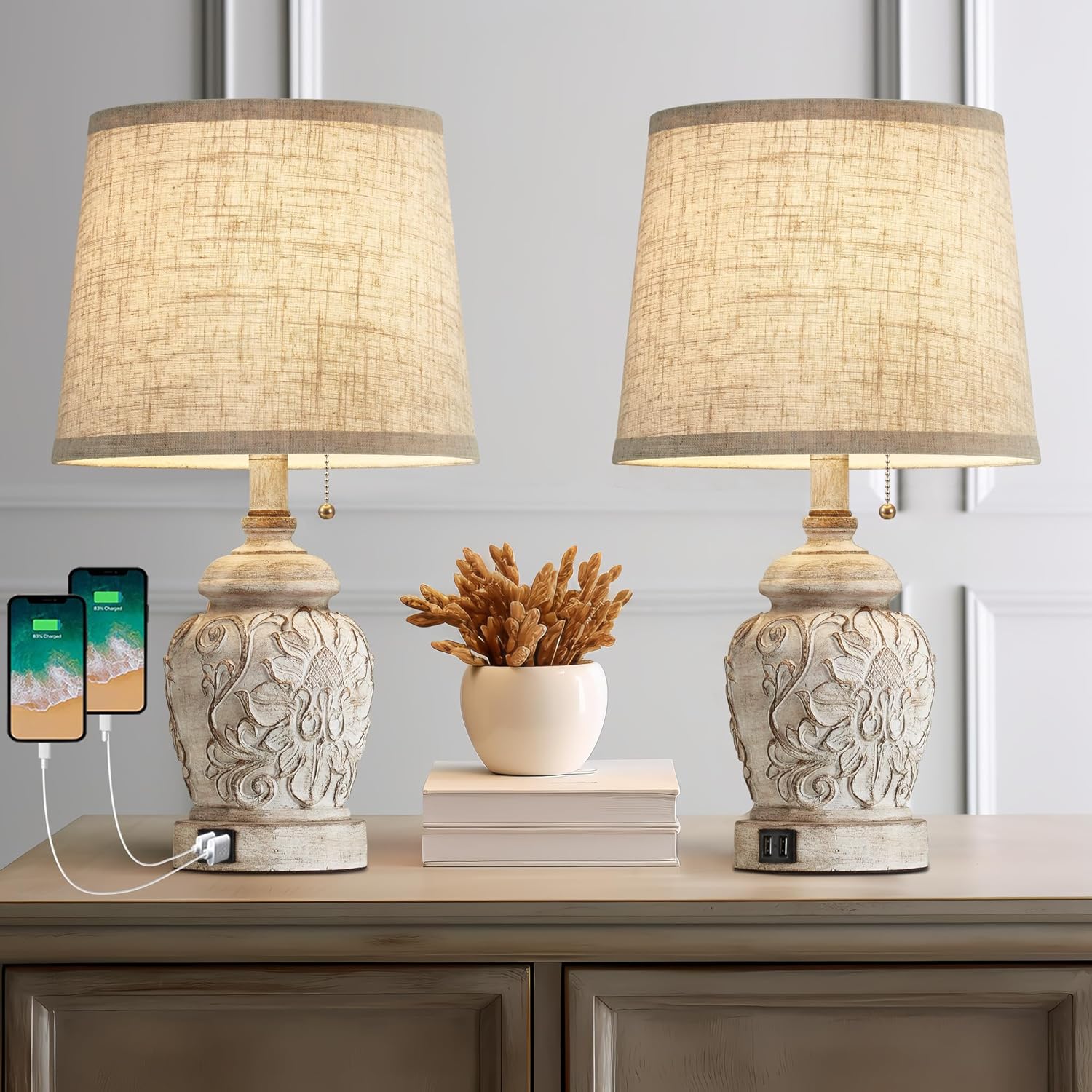 Vintage Rustic Table Lamp Set of 2 with USB Ports for Home