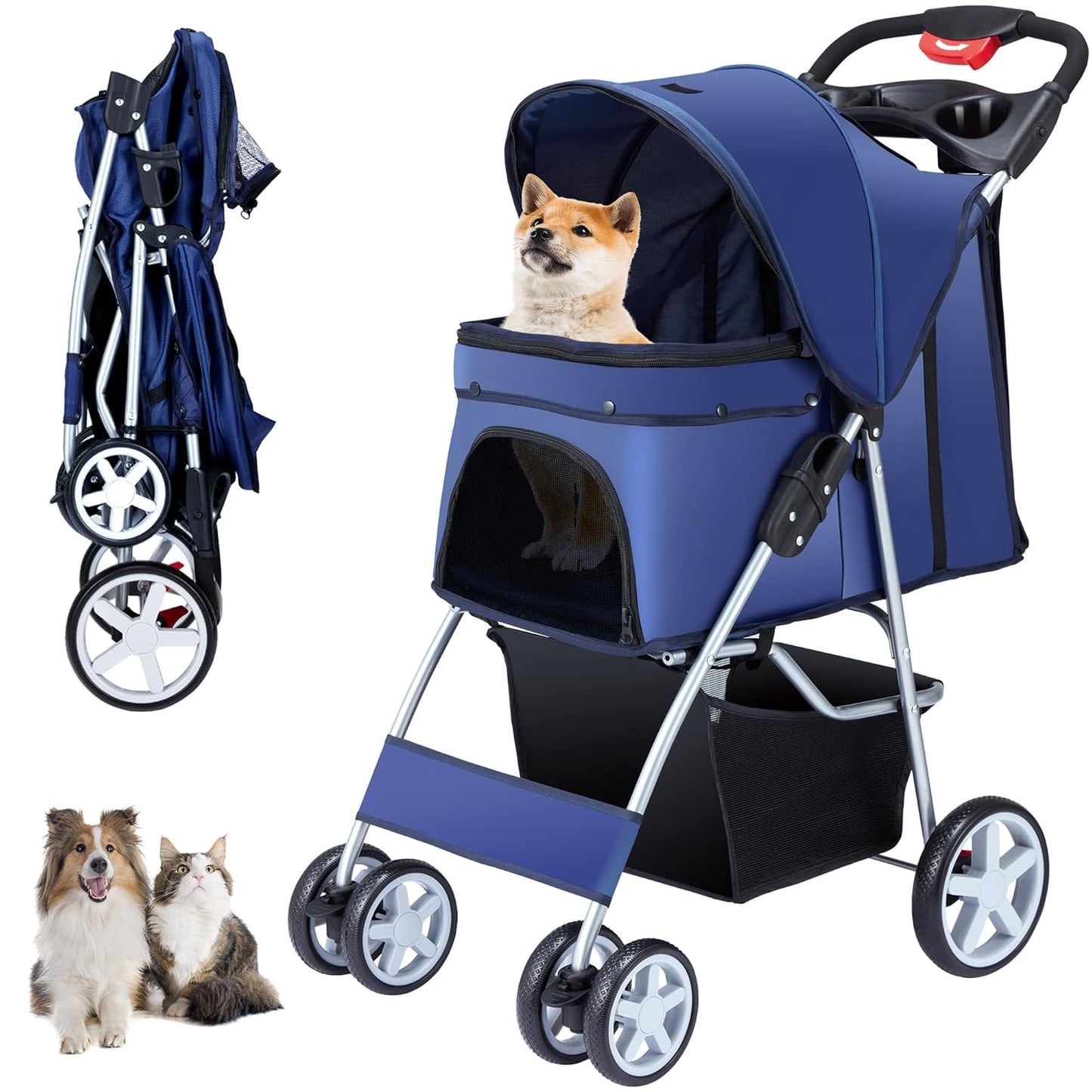 4 Wheels Pet Stroller for Small Medium Dogs Cats, Foldable
