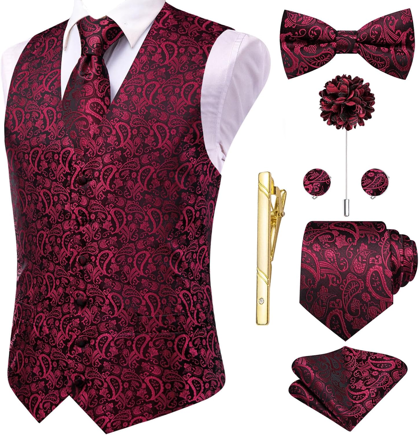 Hi-Tie Silk Mens Suit Vest Set with Tie, Bowtie and Accessories