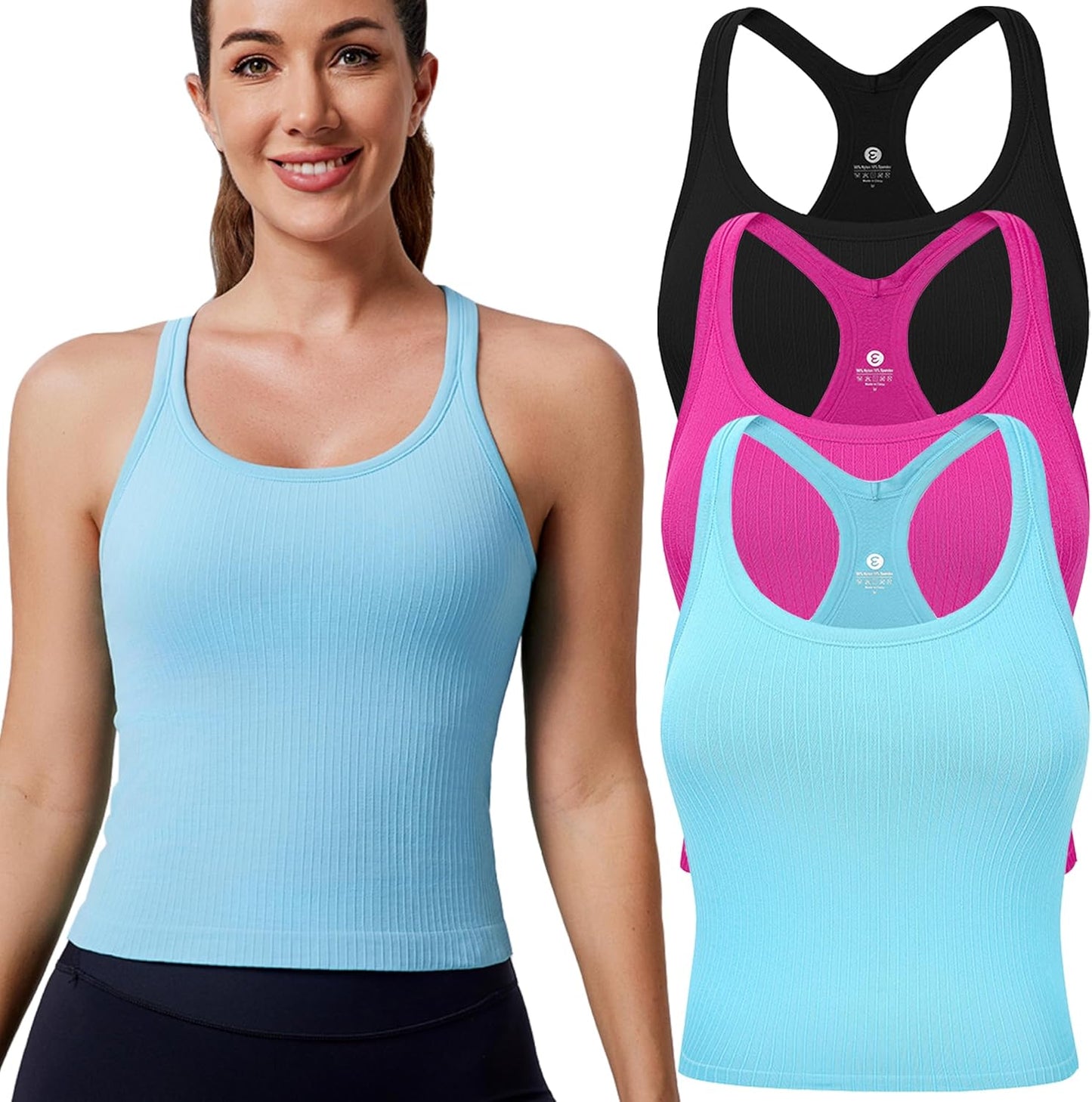 Ribbed Workout Tank Tops with Built in Bra for Women