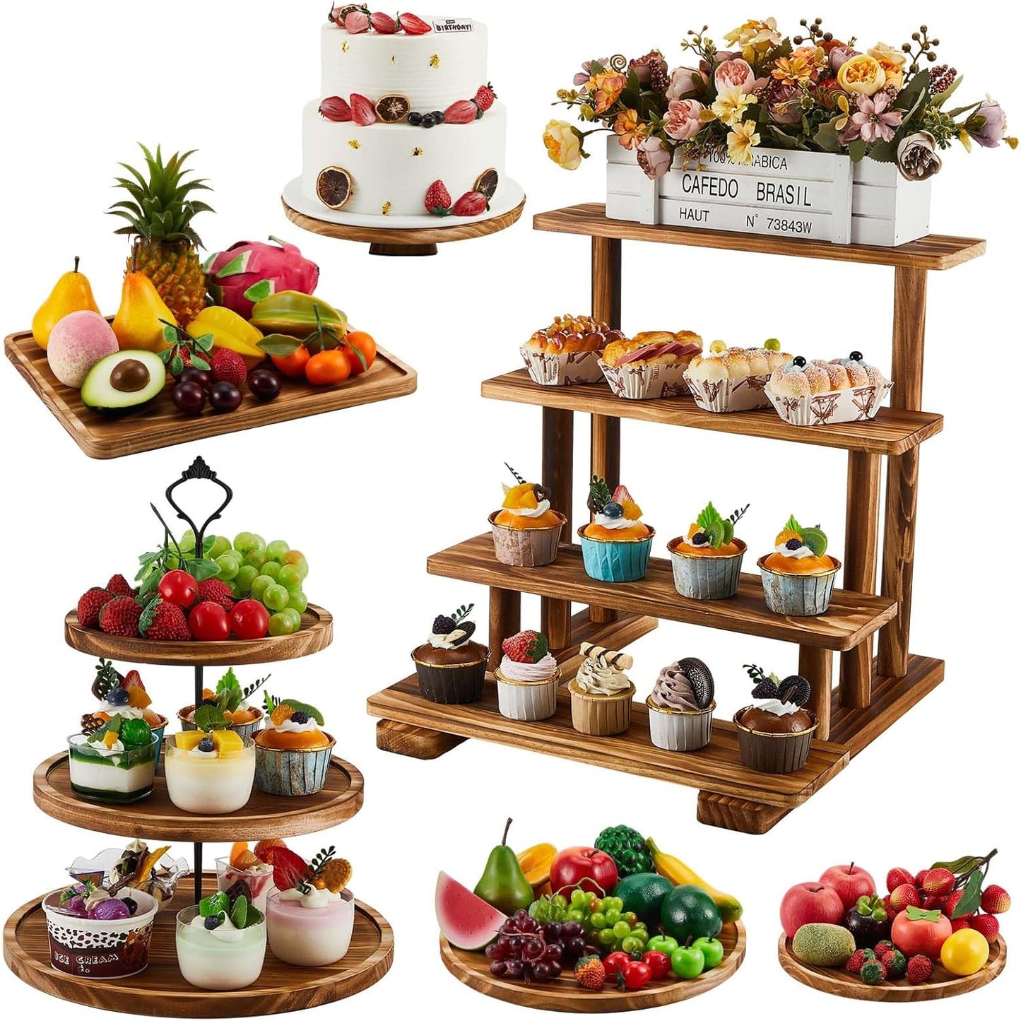 Roowest Wood Cake Stands Set of 6 Rustic 3 Tier Dessert Trays