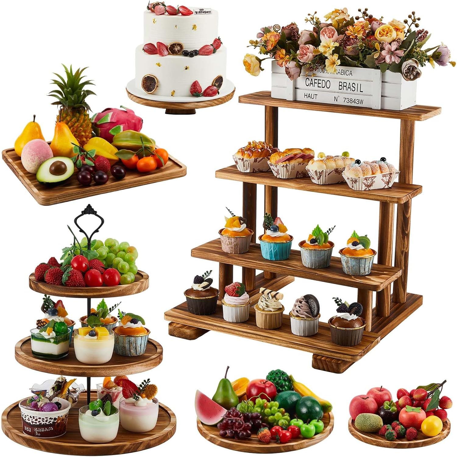 Roowest Wood Cake Stands Set of 6 Rustic 3 Tier Dessert Trays