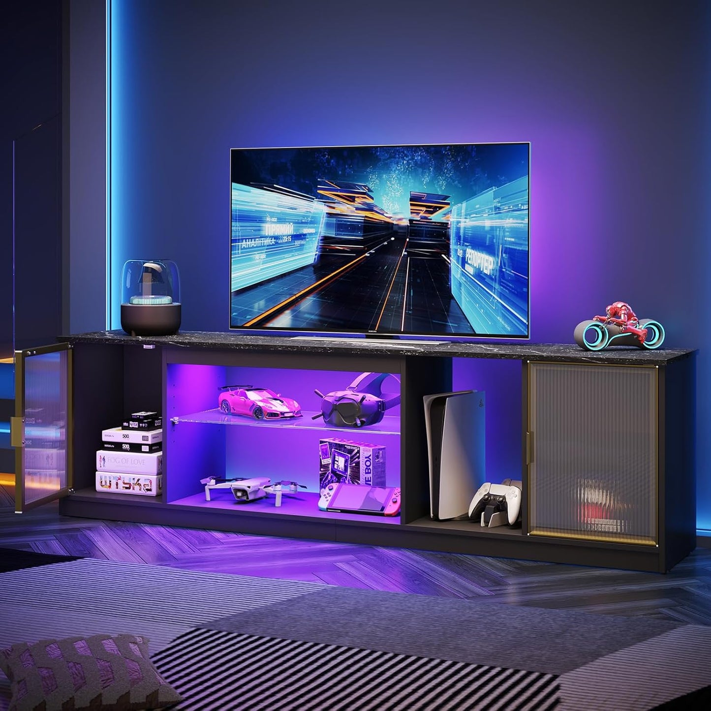 Modern Gaming TV Stand for 80 TVs, Adjustable Shelf, Translucent Doors - Black