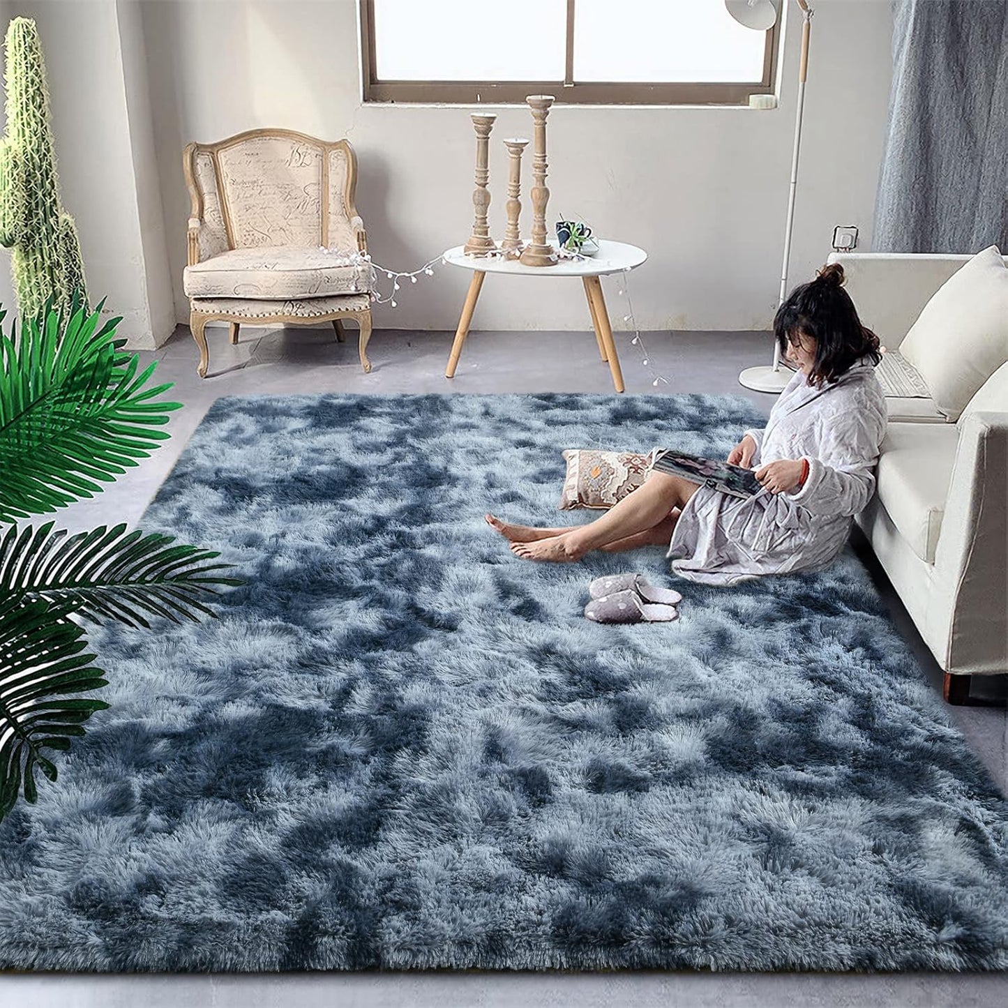DweIke Fluffy Blue Grey Rugs for Bedroom and Living Room