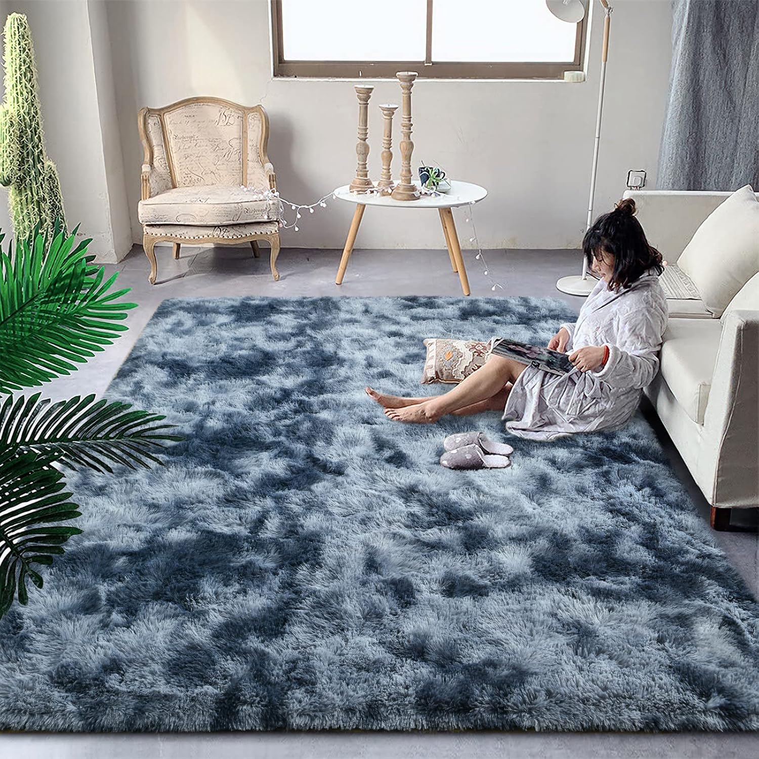 DweIke Fluffy Blue Grey Rugs for Bedroom and Living Room