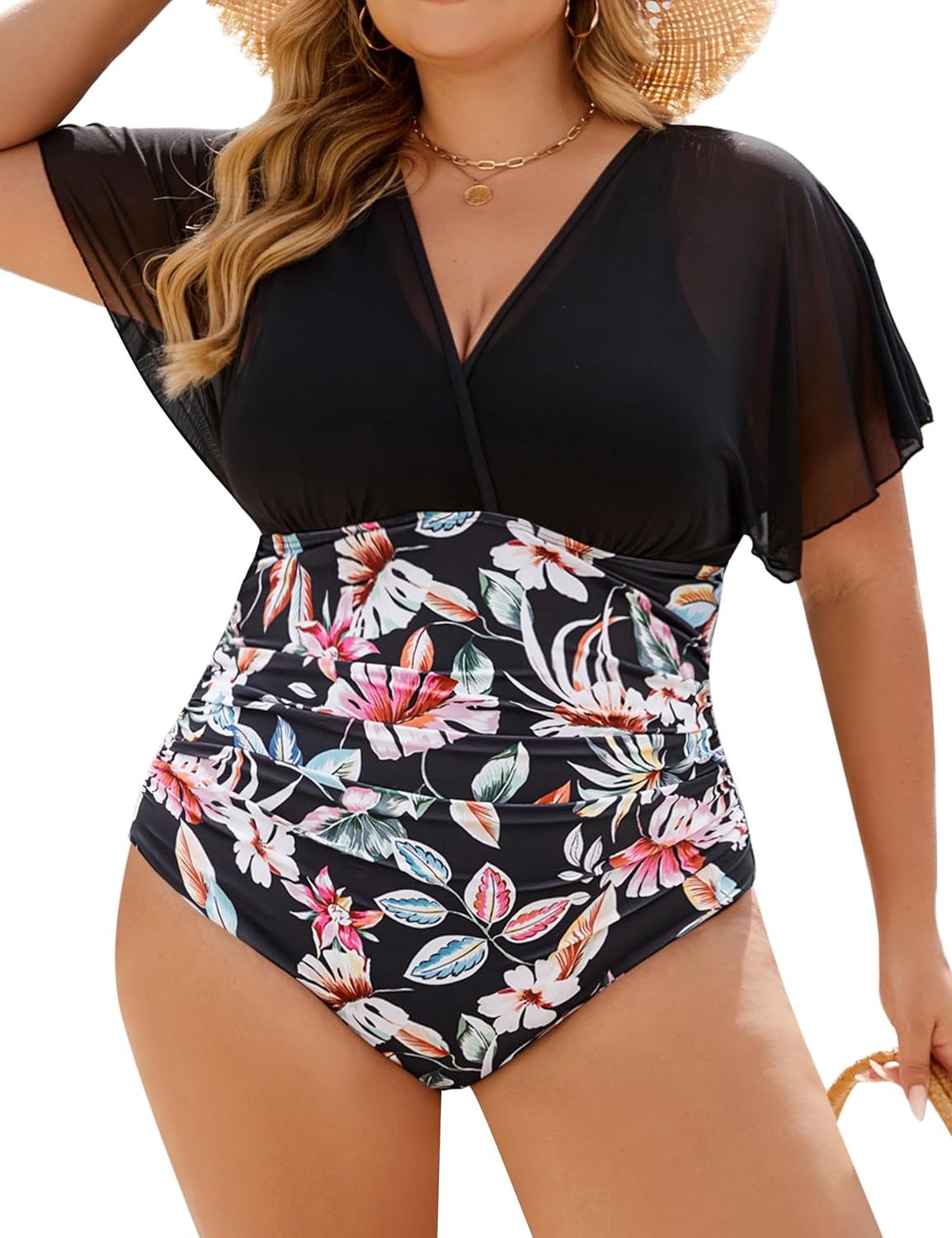 Plus Size One Piece Swimsuit with Tummy Control and Mesh Design