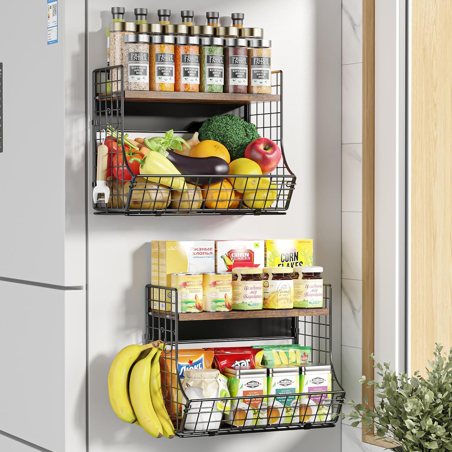 Magnetic Shelf for Fridge with Wood Lid - 2 Pack Storage Bins