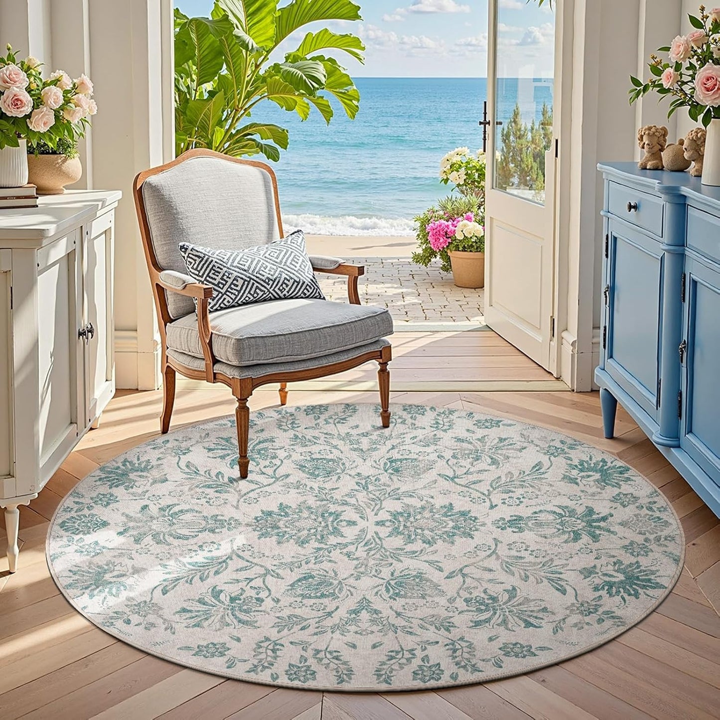 Classic Floral Round Rug 5ft Vintage Design for Home Decor