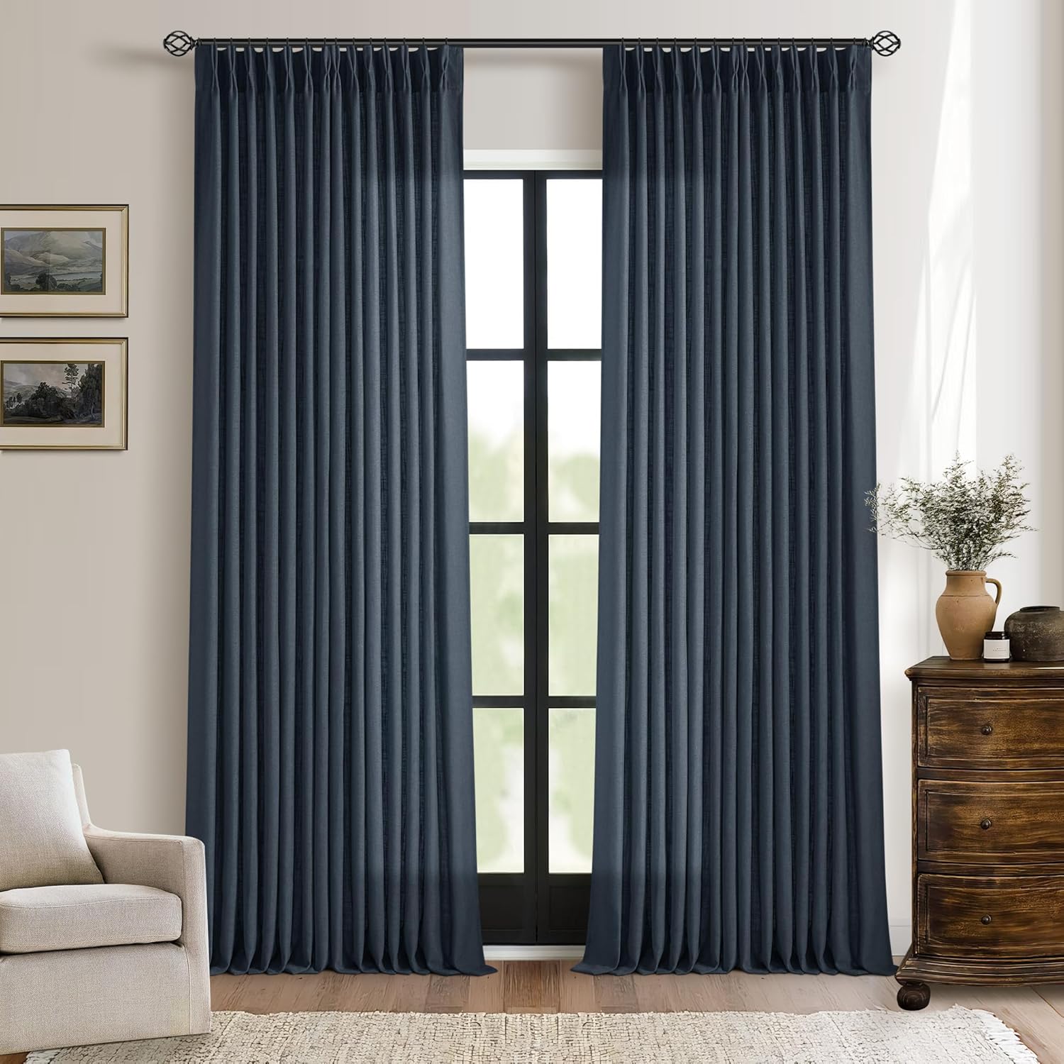 Extra Long Navy Linen Curtains for Tall Ceilings 120 in Panels