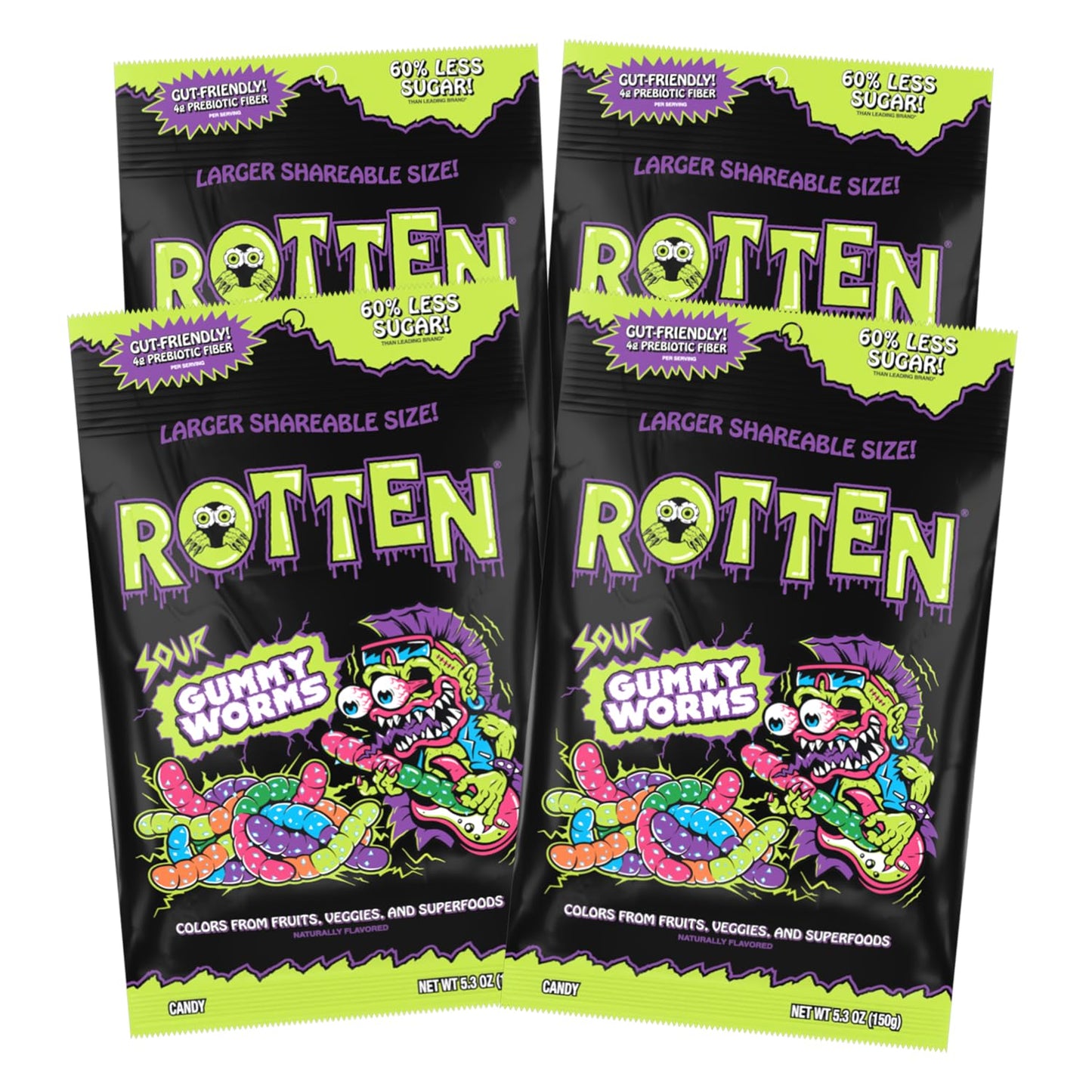 Rotten Sour Gummy Worms - Low Sugar, Gluten Free Candy Pack