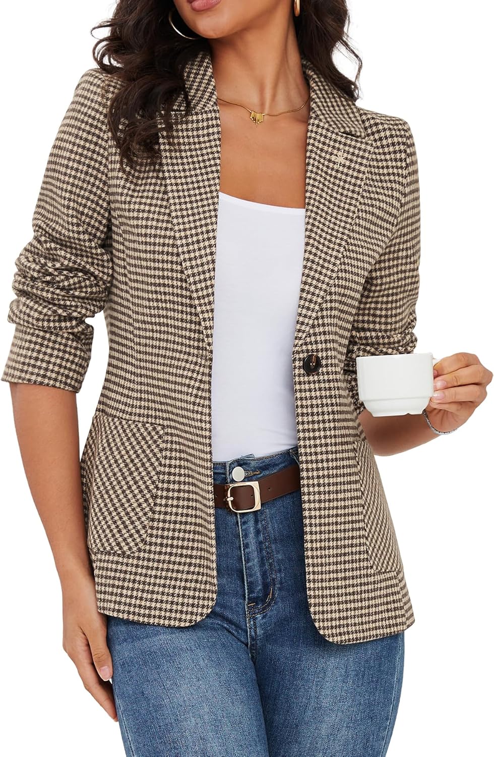 ELLEVEN Women's Houndstooth Plaid Blazer with Embroidered Collar