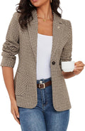 Houndstooth Plaid Blazer for Women - Embroidered Collar, Office Ready