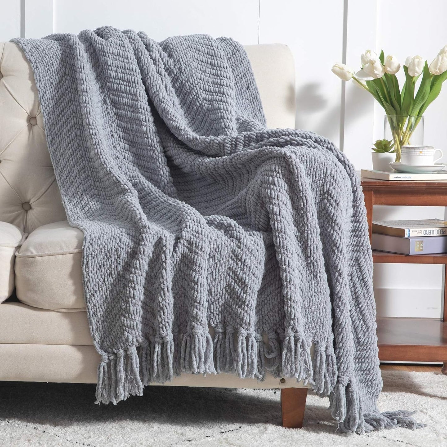 Bedsure Textured Chunky Knit Chenille Throw Blanket for Couch