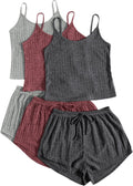 Women's Ribbed 3-Piece Pajama Set Sleeveless Crop Top and Tie Shorts