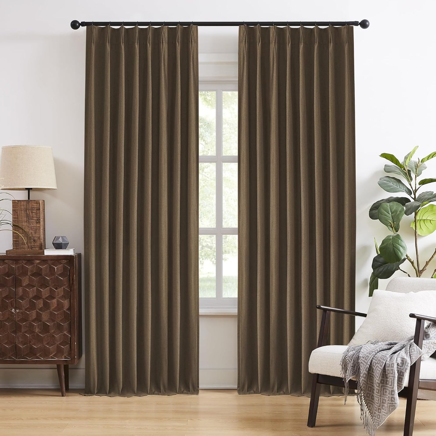 DUALIFE Chocolate Brown Pinch Pleated Blackout Curtains 92 in