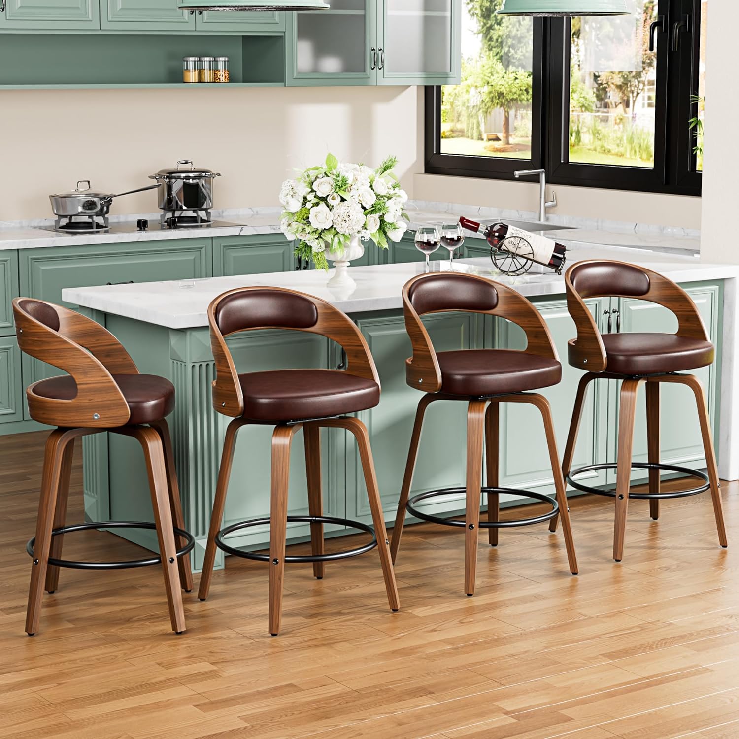 Bar Stools Set of 4 with Swivel and Bentwood Legs for Comfort