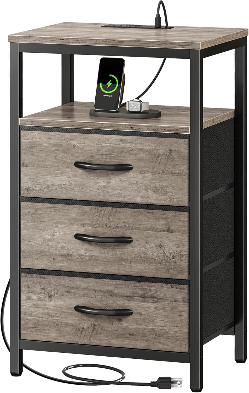 Huuger Nightstand with Charging Station and Fabric Drawers