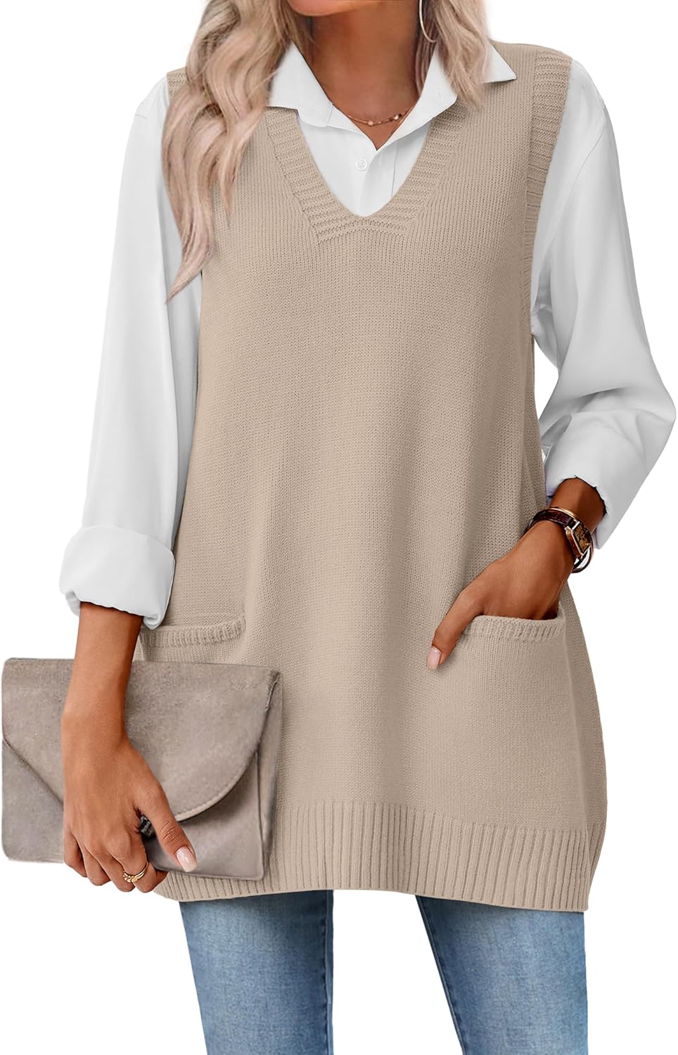 Zeagoo Women's Sweater Vest 2025 Oversized V Neck with Pockets