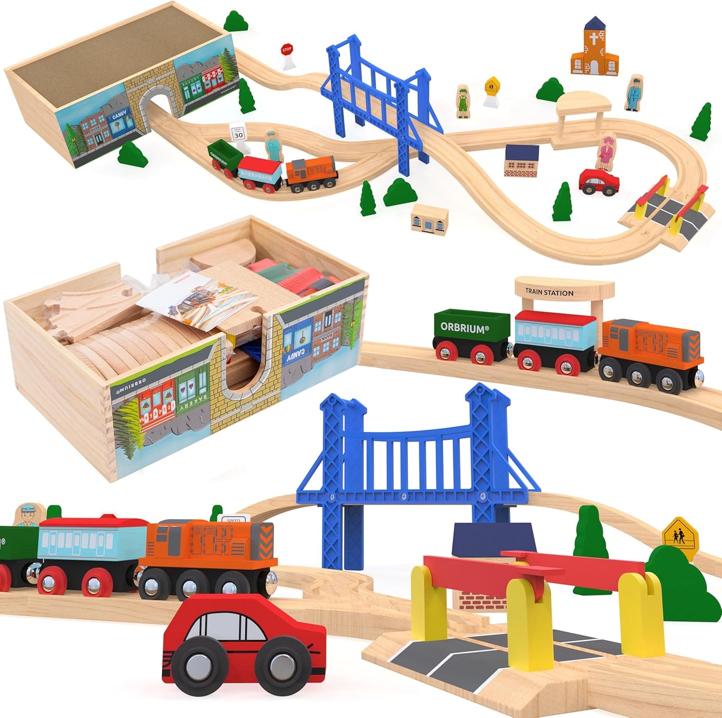 Wooden Train Set Deluxe 52 Pcs with Storage Gift Box for Kids
