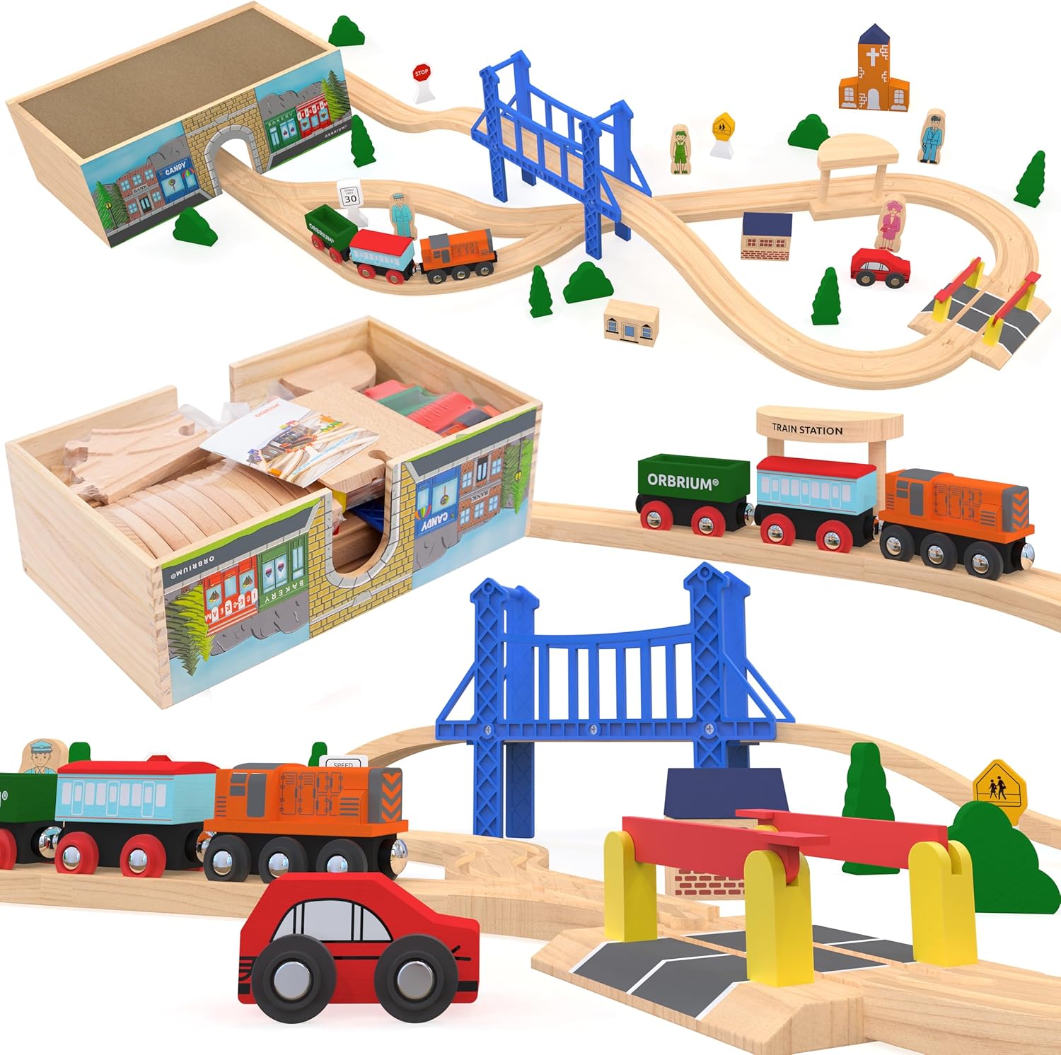 Wooden Train Set Deluxe 52 Pcs with Storage Gift Box for Kids