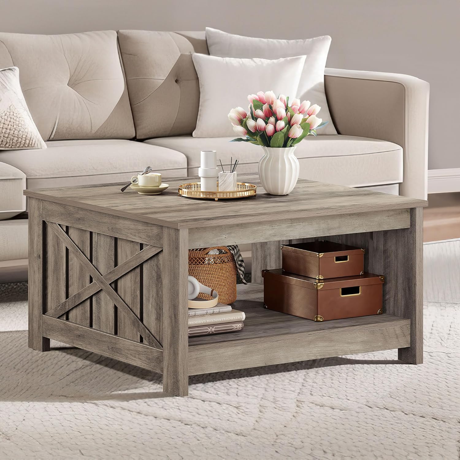 Rustic Grey Farmhouse Square Coffee Table with Storage by DWVO