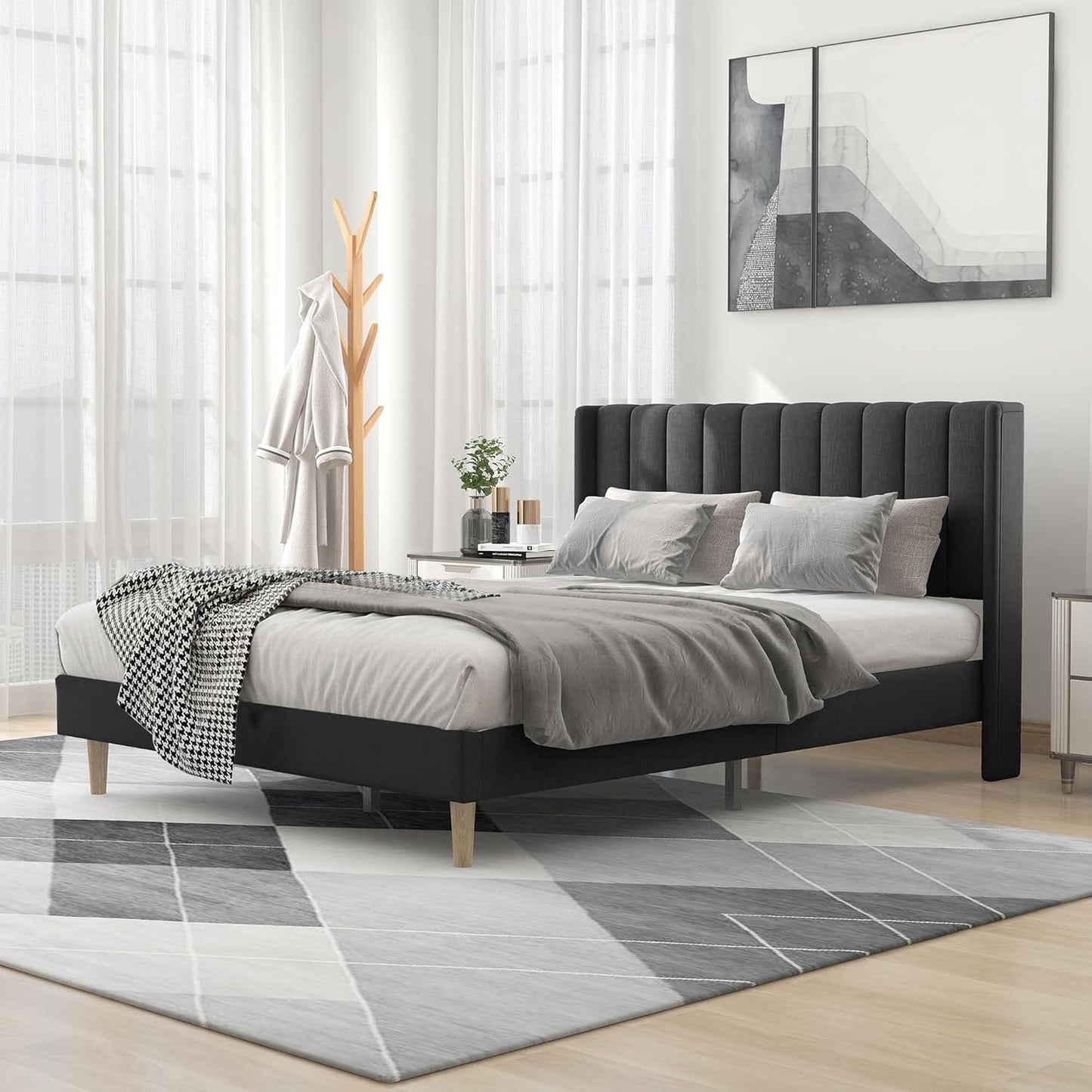 Upholstered Platform Queen Size Bed Frame with Headboard