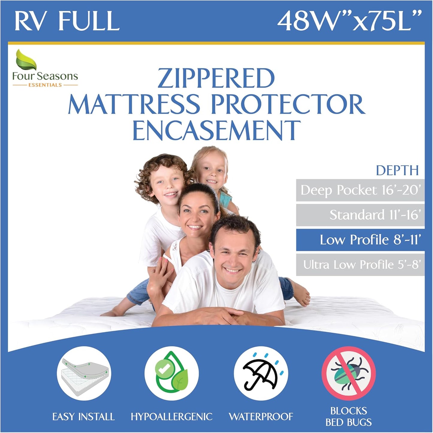 RV Short Full Mattress Protector - Waterproof Bed Bug Encasement
