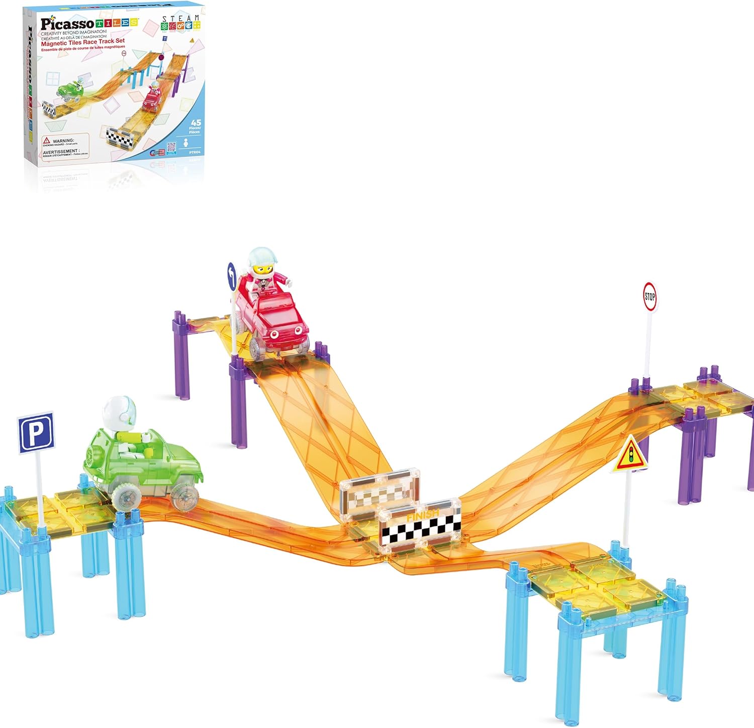 PicassoTiles Magnetic Race Track Car Slide Building Blocks Set