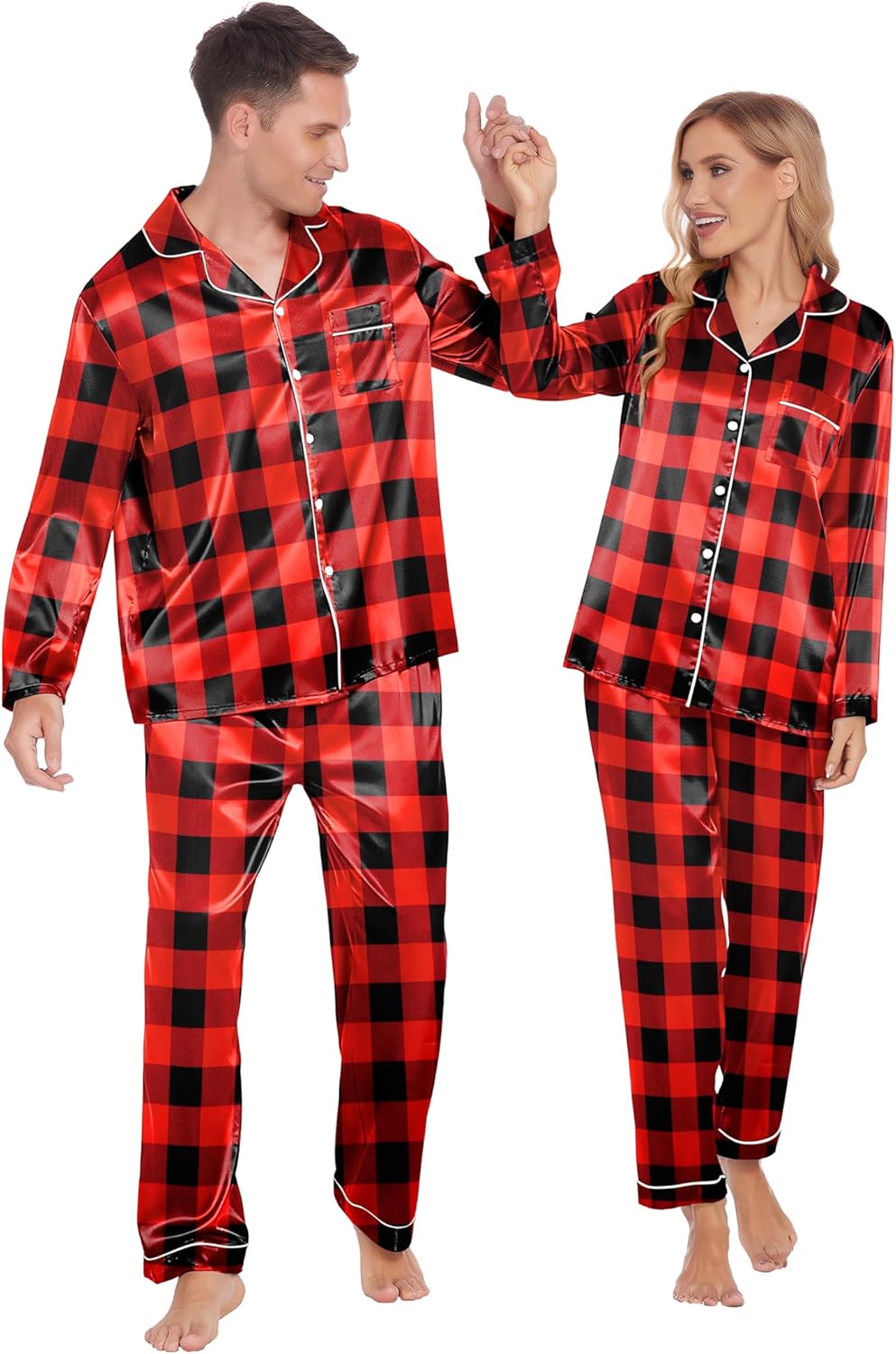 Ekouaer Couples Matching Pajamas Silk Long Sleeve Sleepwear Set