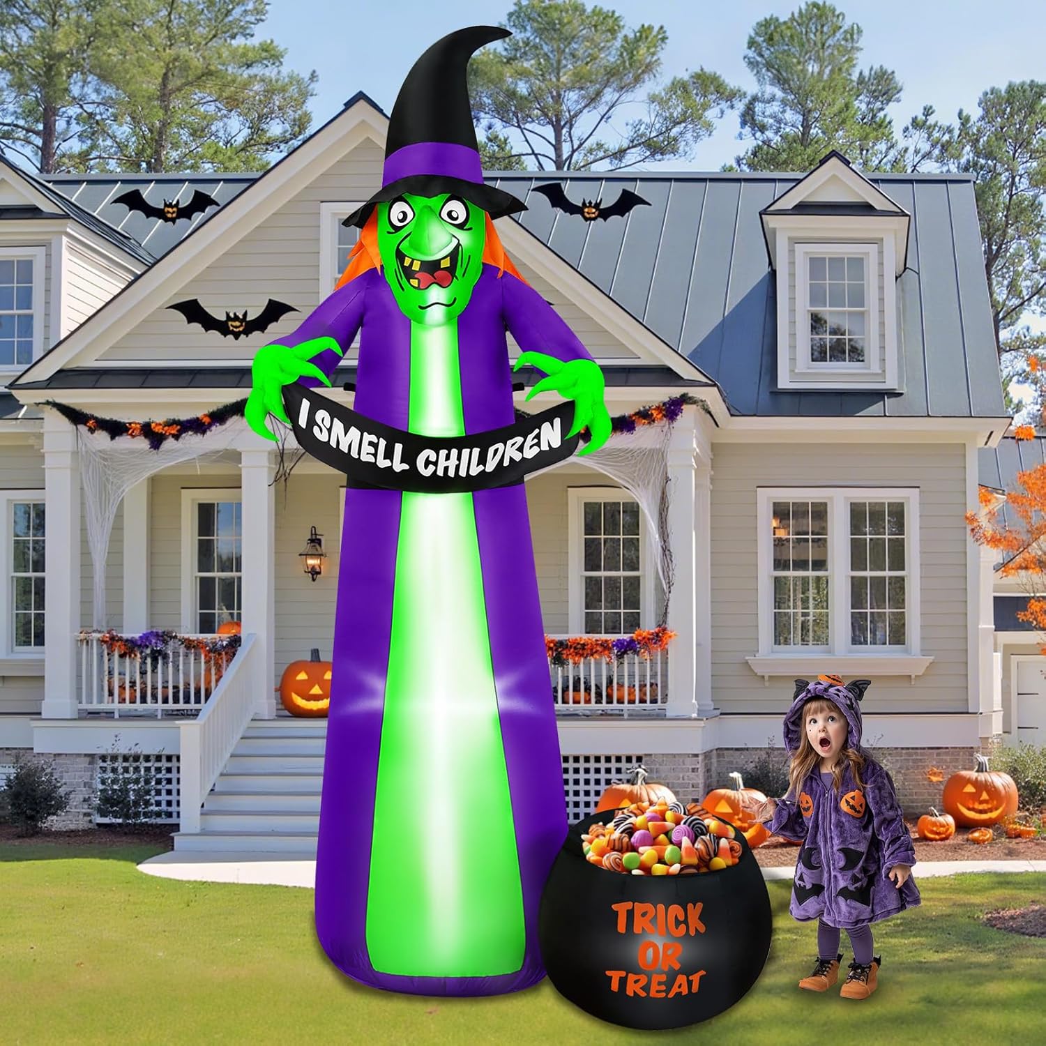 8Ft Halloween Inflatables Witch with Candy Cauldron for Yard