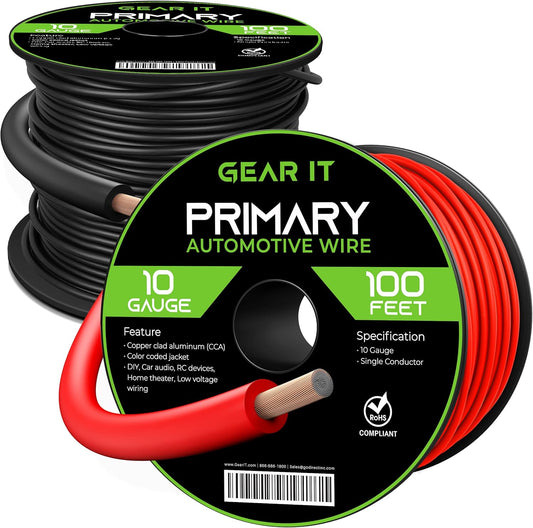 200ft GearIT Copper Clad Aluminum Wire - Primary 10ga AWG for Automotive Power