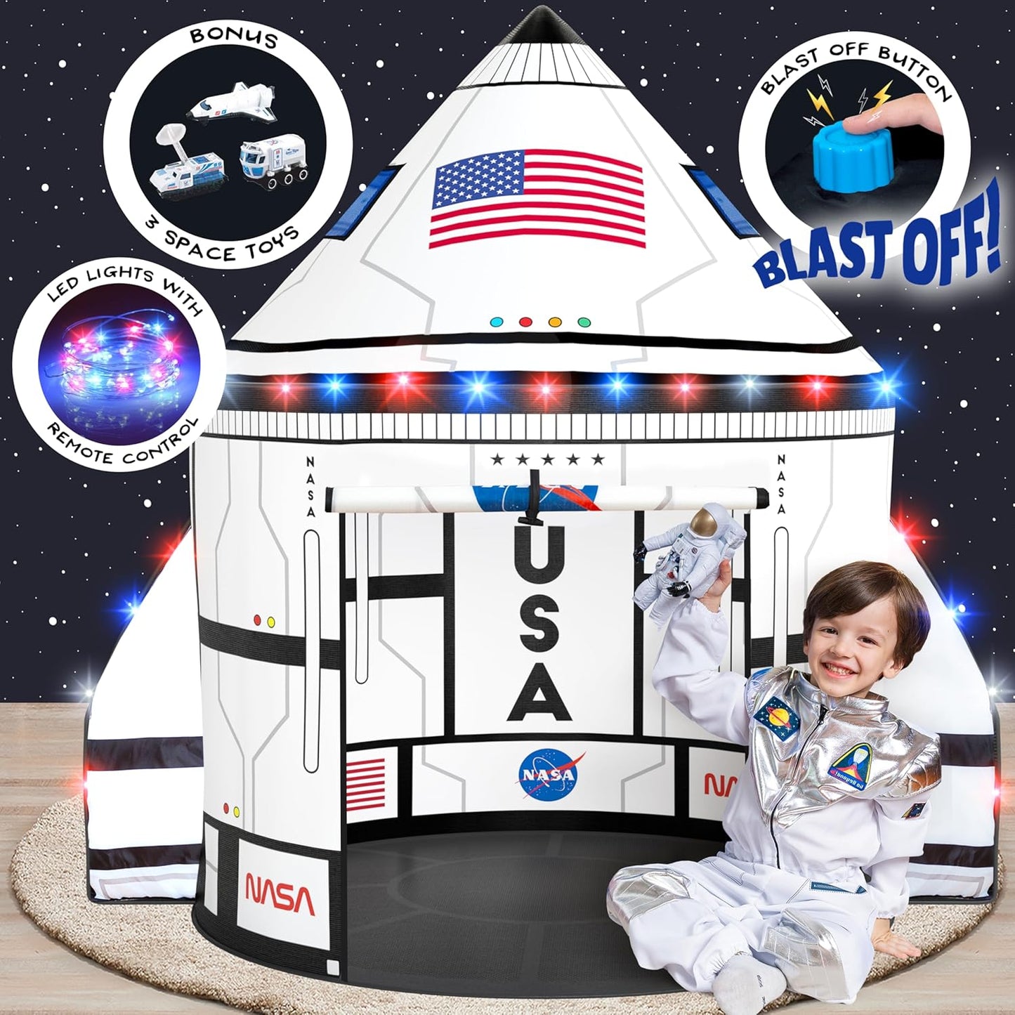 W&O Space Shuttle Explorer Tent with LED Lights for Kids Fun