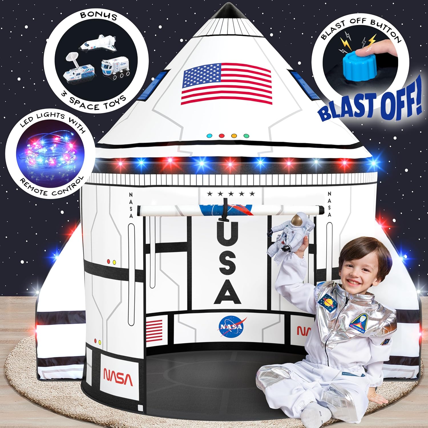 W&O Space Shuttle Explorer Tent with LED Lights for Kids Fun