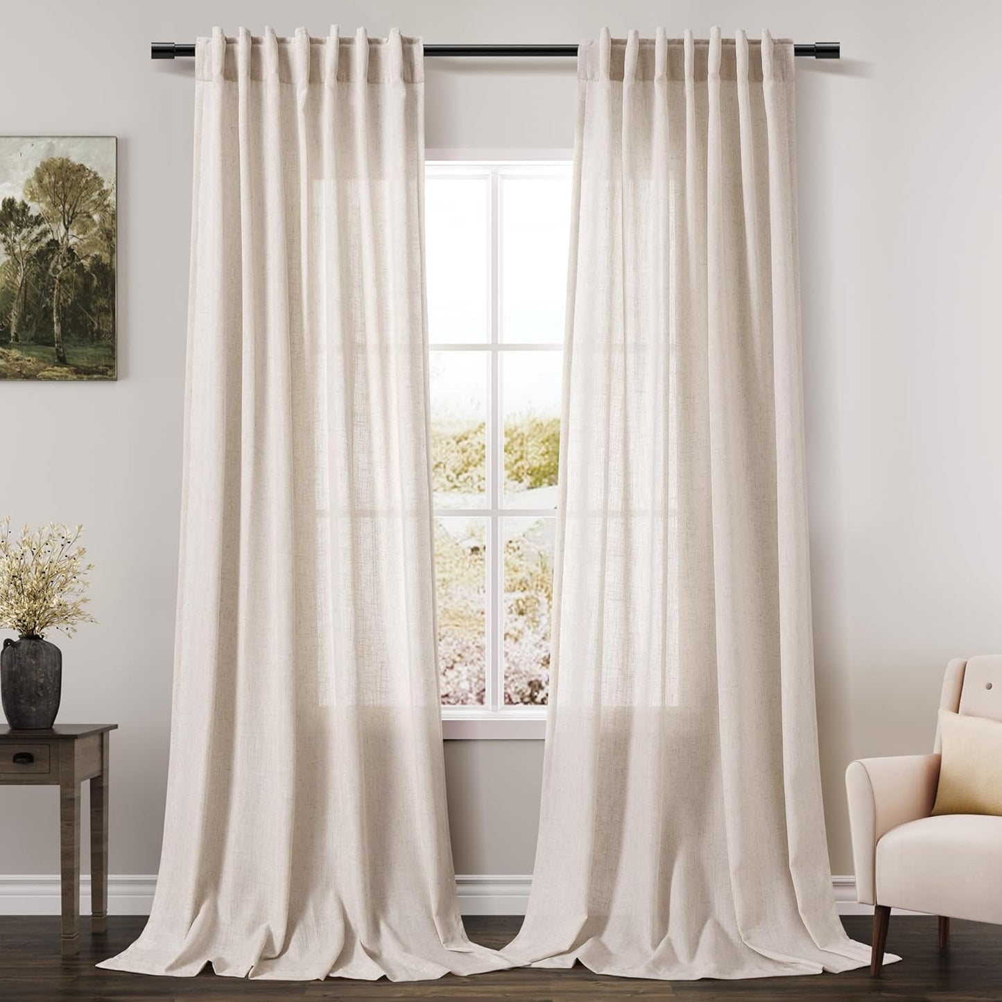 Extra Long Beige Linen Curtains 108 inches for Living Room