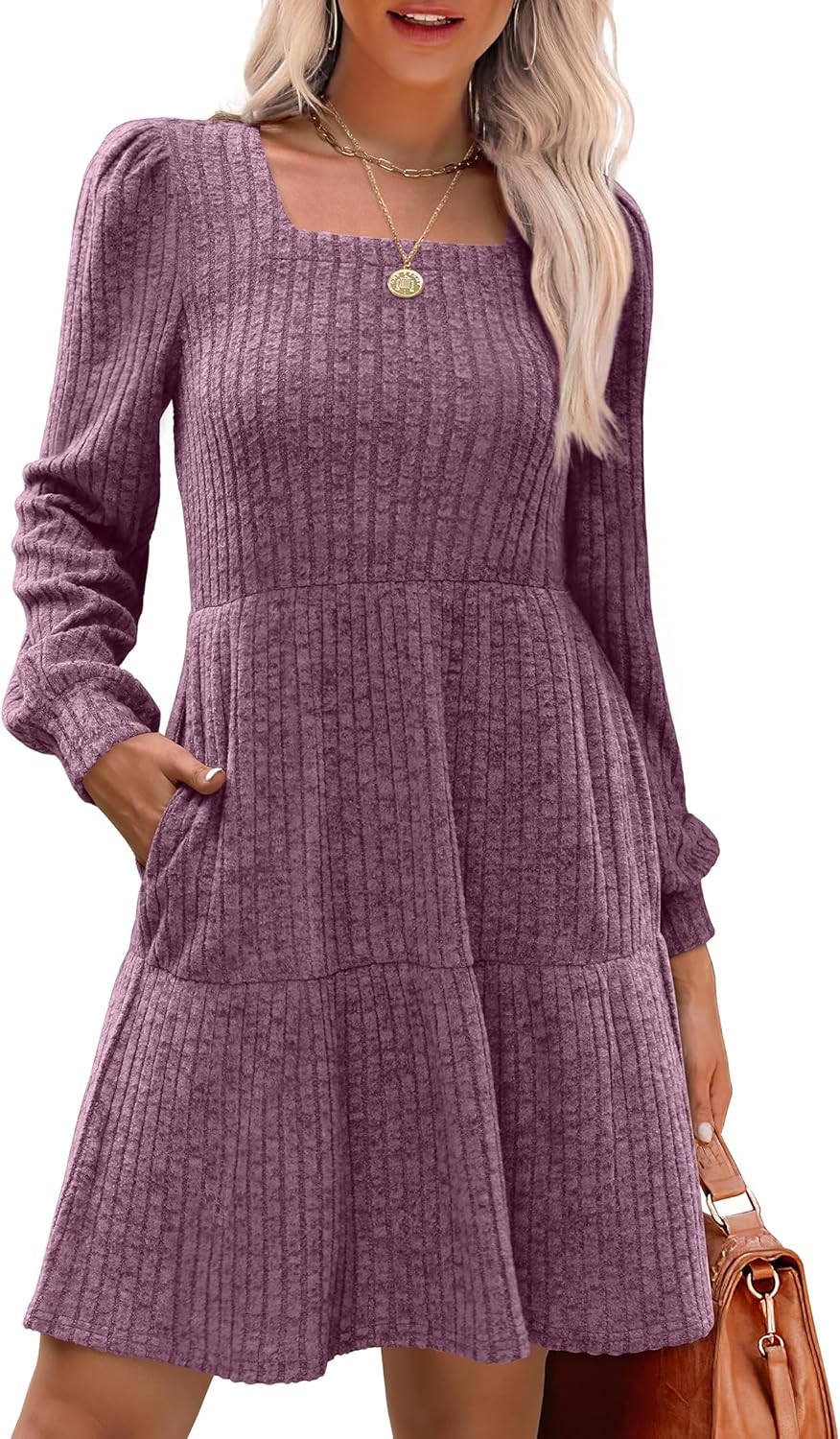 Stylish Womens Square Neck Long Sleeve Fall Dresses for Comfort