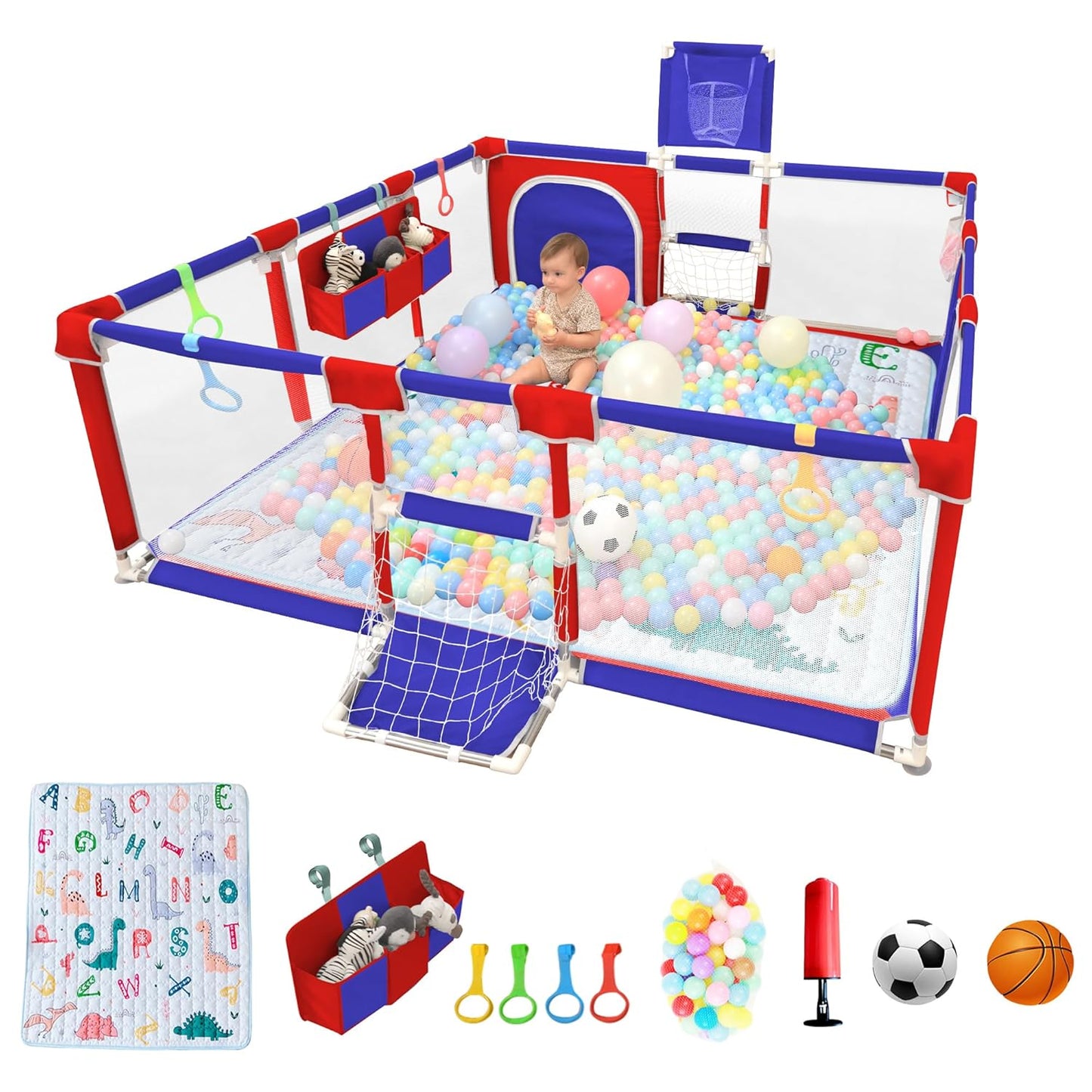 Baby Playpen for Toddlers with Basketball Hoop and Ocean Balls
