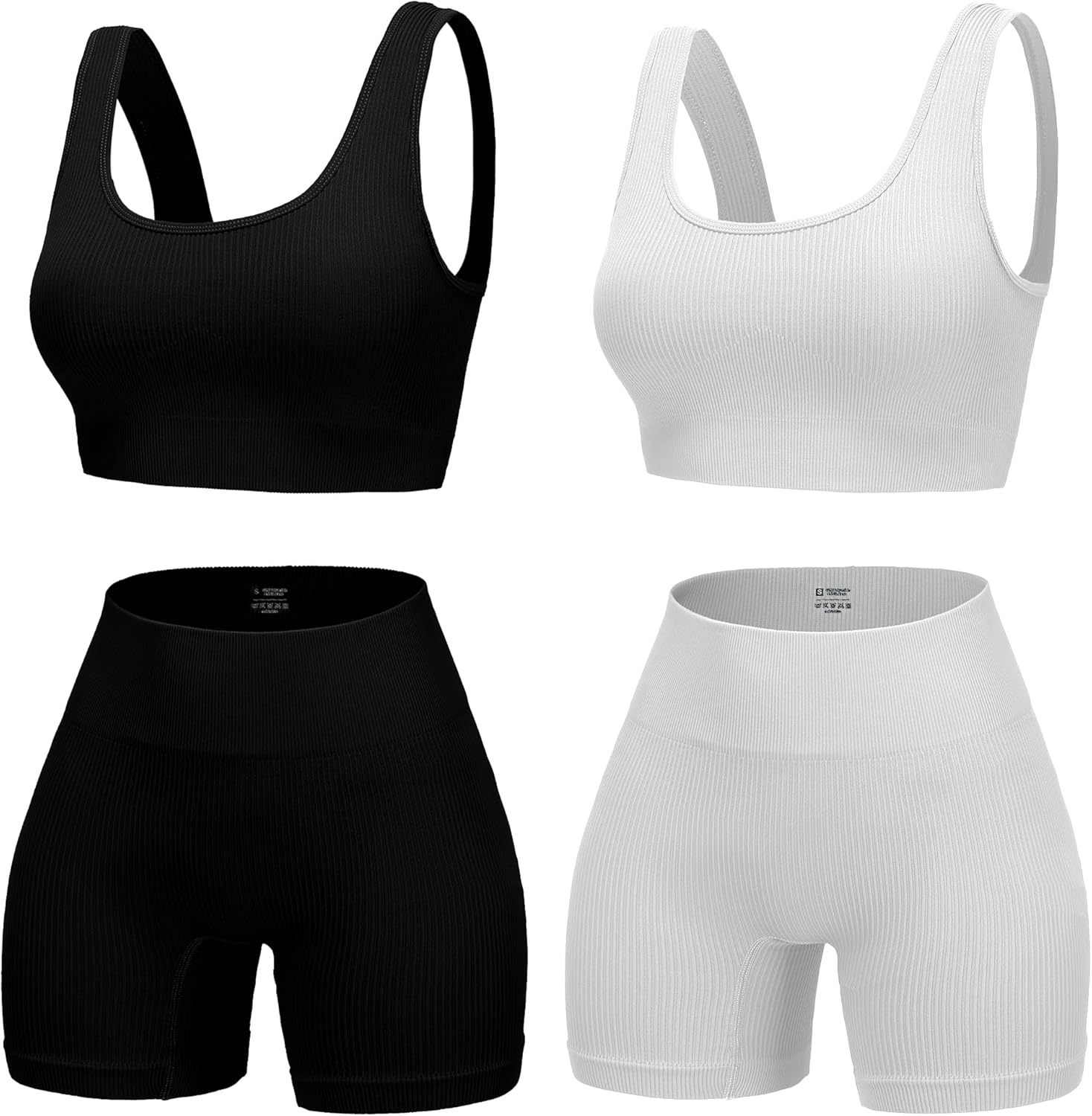 4 Piece Workout Sets for Women Seamless Ribbed High Waist Yoga