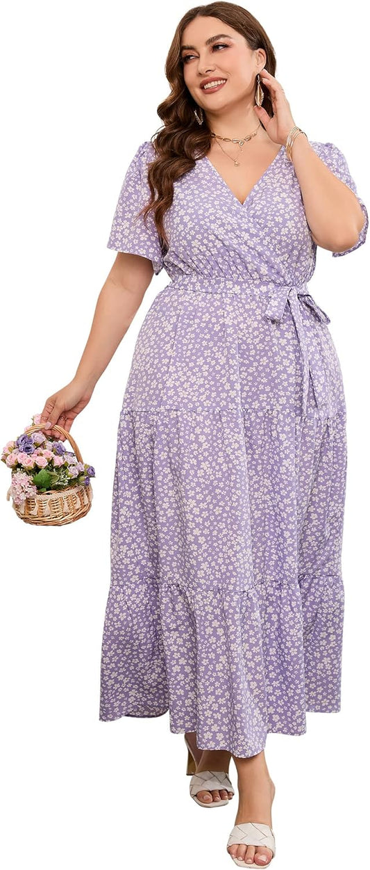 Plus Size V Neck Wrap Maxi Dress for Women with Ruffle Sleeves