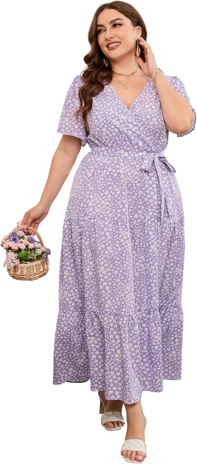 Plus Size V Neck Wrap Maxi Dress for Women with Ruffles