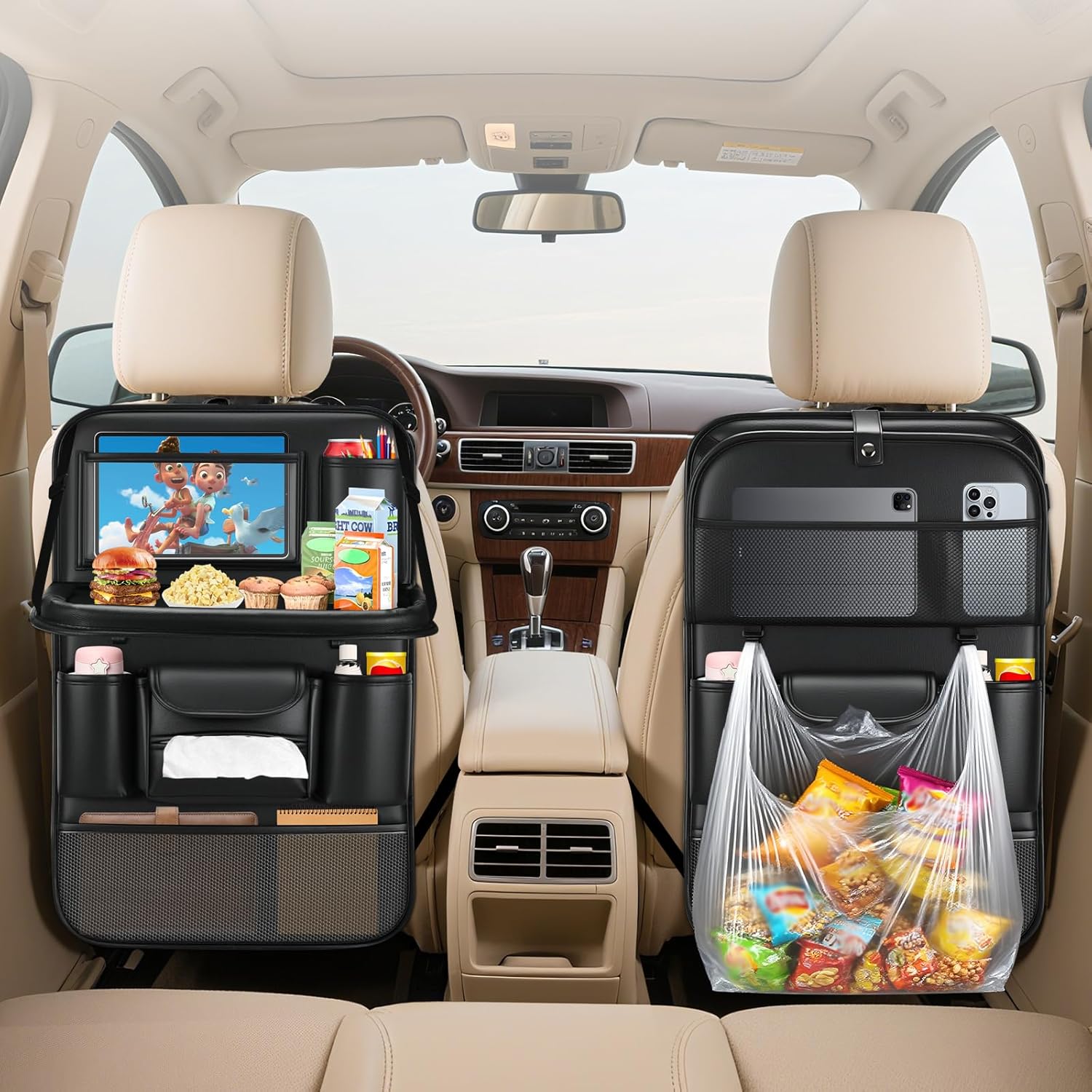 2 Pack Leather Car Backseat Organizer with Foldable Table Tray