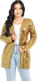 Womens Sequin Open Front Blazer Long Sleeve Hip-Length Sparkle
