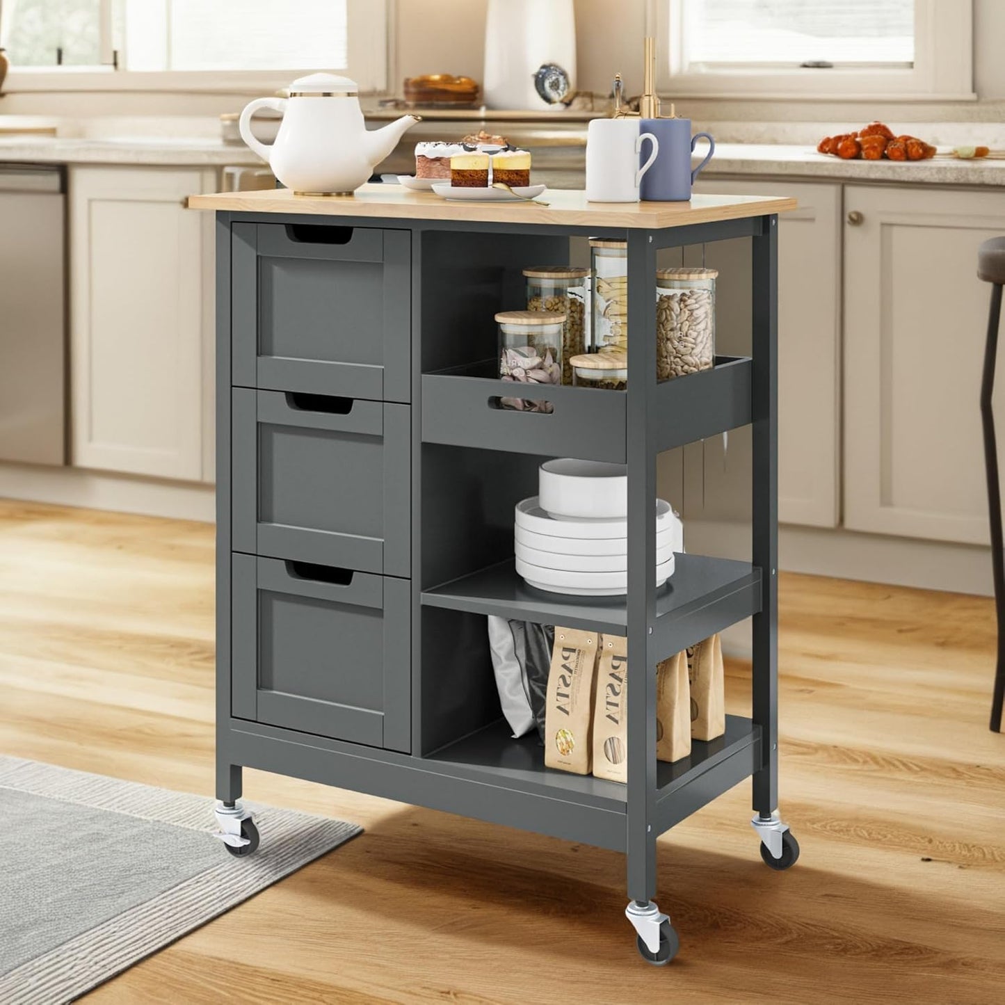 27 Grey Kitchen Cart: 3 Drawers, Solid Wood Top