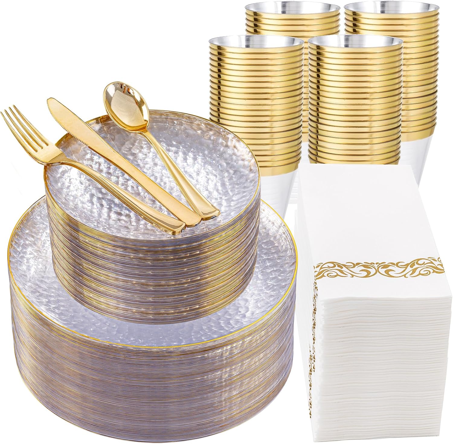 350PCS Clear Gold Plastic Dinnerware Set for Elegant Dining