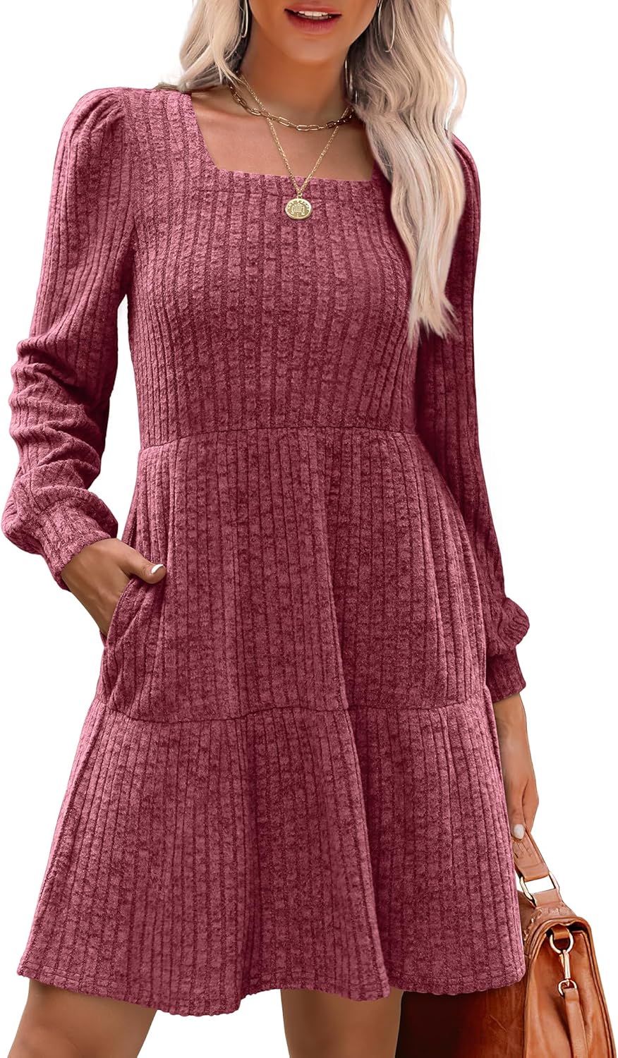 Stylish Womens Square Neck Long Sleeve Fall Dresses for Comfort